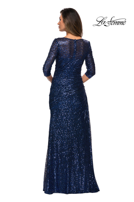 Picture of: Floor Length Sequin Gown wtih Ruching and Sleeves in Navy, Style: 28065, Back Picture