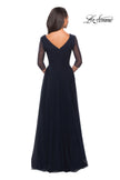 Picture of: Tulle and Beaded Long A-Line Gown with Sheer Sleeves in Navy, Back Picture