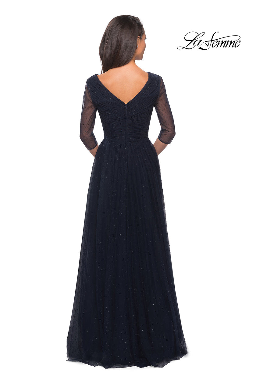 Picture of: Tulle and Beaded Long A-Line Gown with Sheer Sleeves in Navy, Back Picture