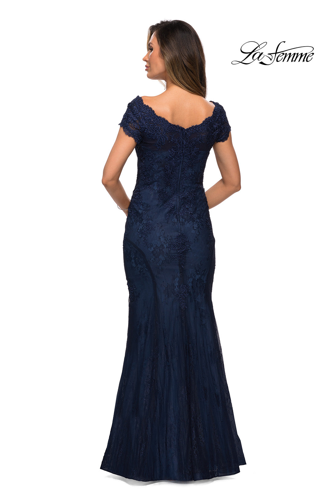 Picture of: Short Sleeve Lace Evening Dress with V Neckline in Navy, Style: 28099, Back Picture