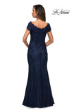 Picture of: Short Sleeve Lace Evening Dress with V Neckline in Navy, Style: 28099, Back Picture