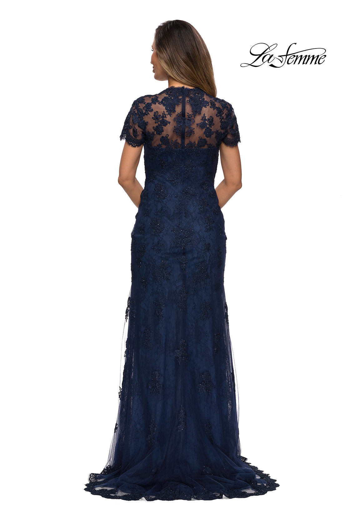 Picture of: Long Lace Evening Dress with Scallop Detailing and Rhinestones in Navy, Style: 28195, Back Picture