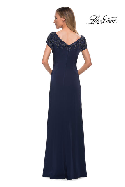 Picture of: Short Sleeve Evening Dress with Beaded Neckline in Navy, Back Picture