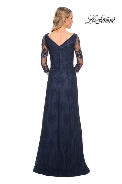 Picture of: Long Lace Gown with Illusion Sleeves in Navy, Style: 29219, Back Picture