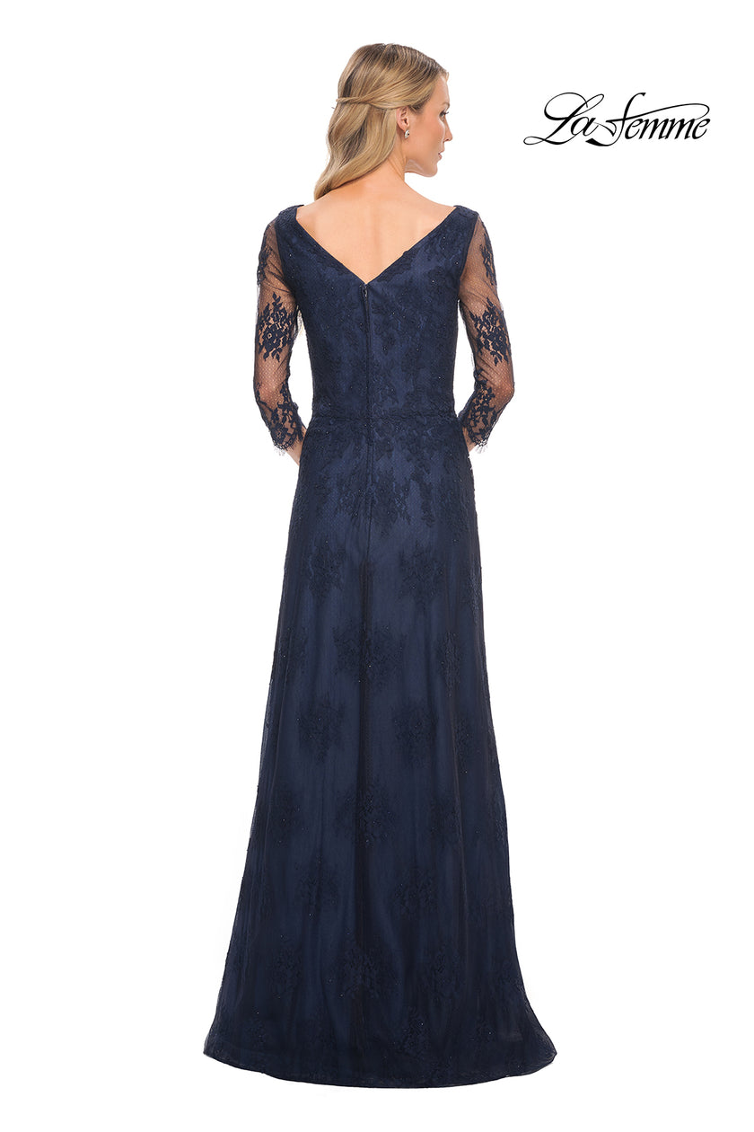 Picture of: Long Lace Gown with Illusion Sleeves in Navy, Style: 29219, Back Picture