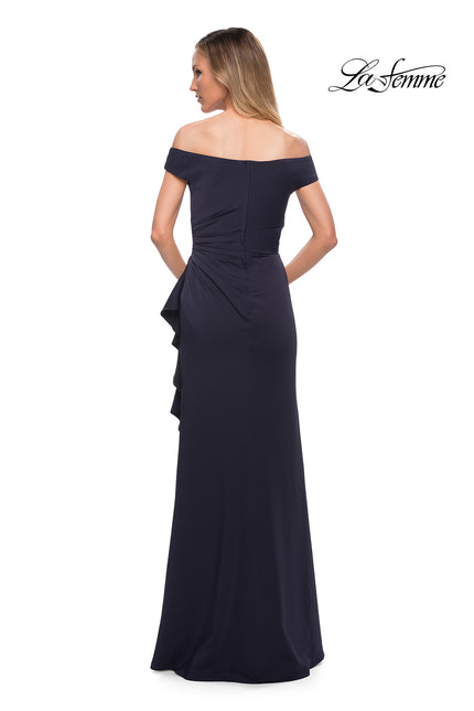 Picture of: Off the Shoulder Jersey Evening Gown with Ruffle Skirt Detail in Navy, Back Picture