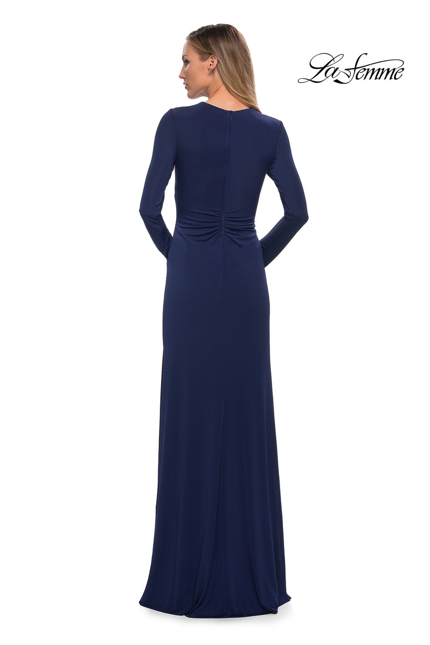 Picture of: Long Sleeve Jersey Dress with Criss-Criss Front Ruching in Navy, Back Picture