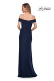 Picture of: Ruched Off the Shoulder Net Jersey Evening Dress in Navy, Back Picture