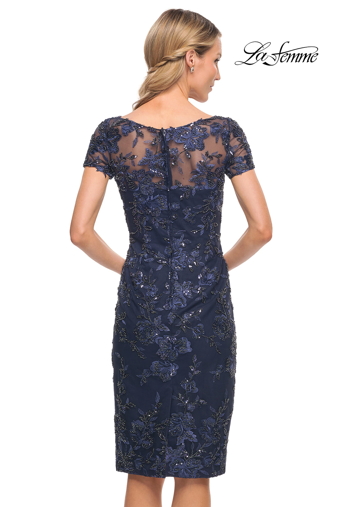 Picture of: Beautiful Short Dress with Illusion Top and Sleeve in Blue, Style: 29982, Back Picture