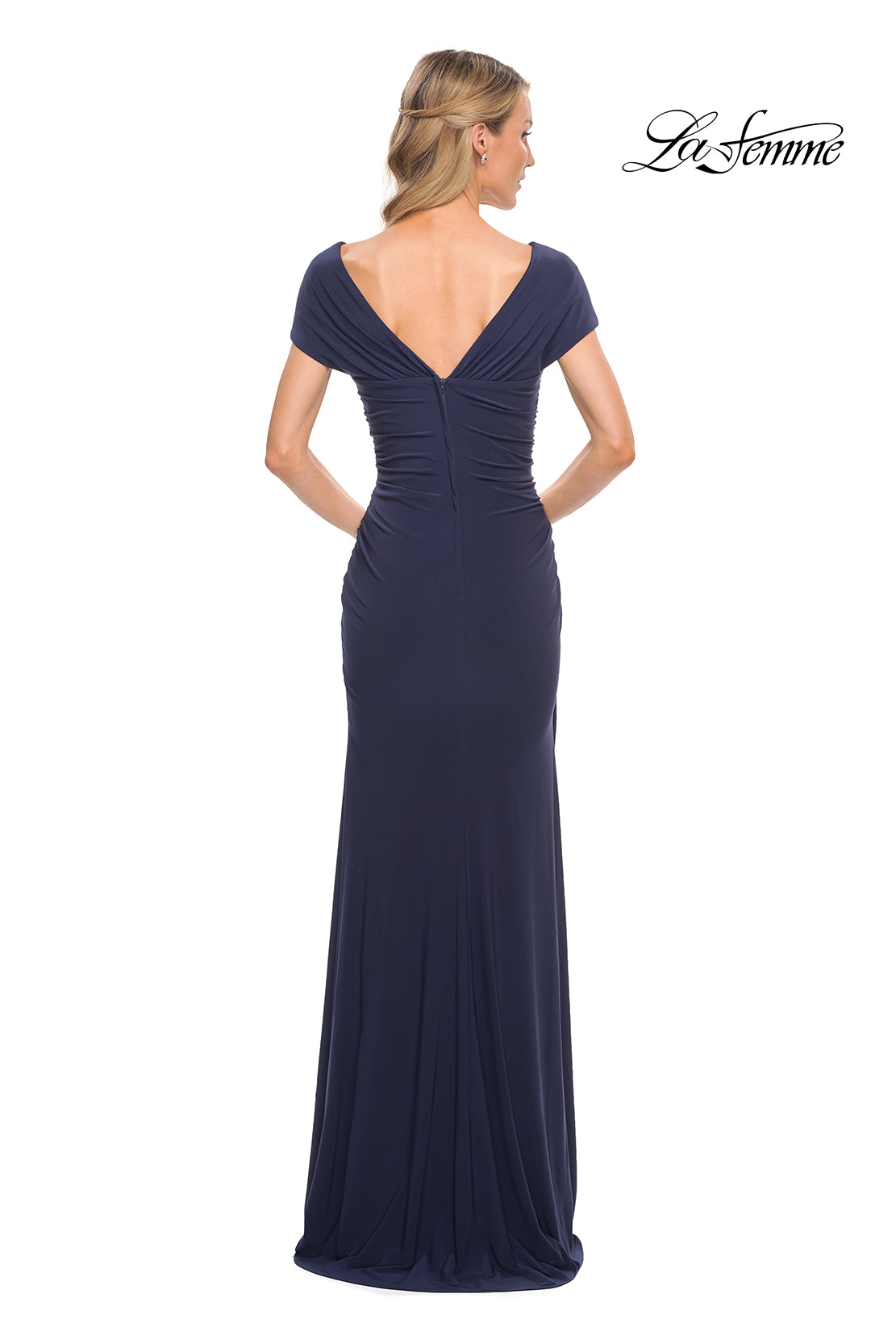 Picture of: Versatile Jersey Long Evening Dress with Short Sleeve in Blue, Style: 29998, Back Picture