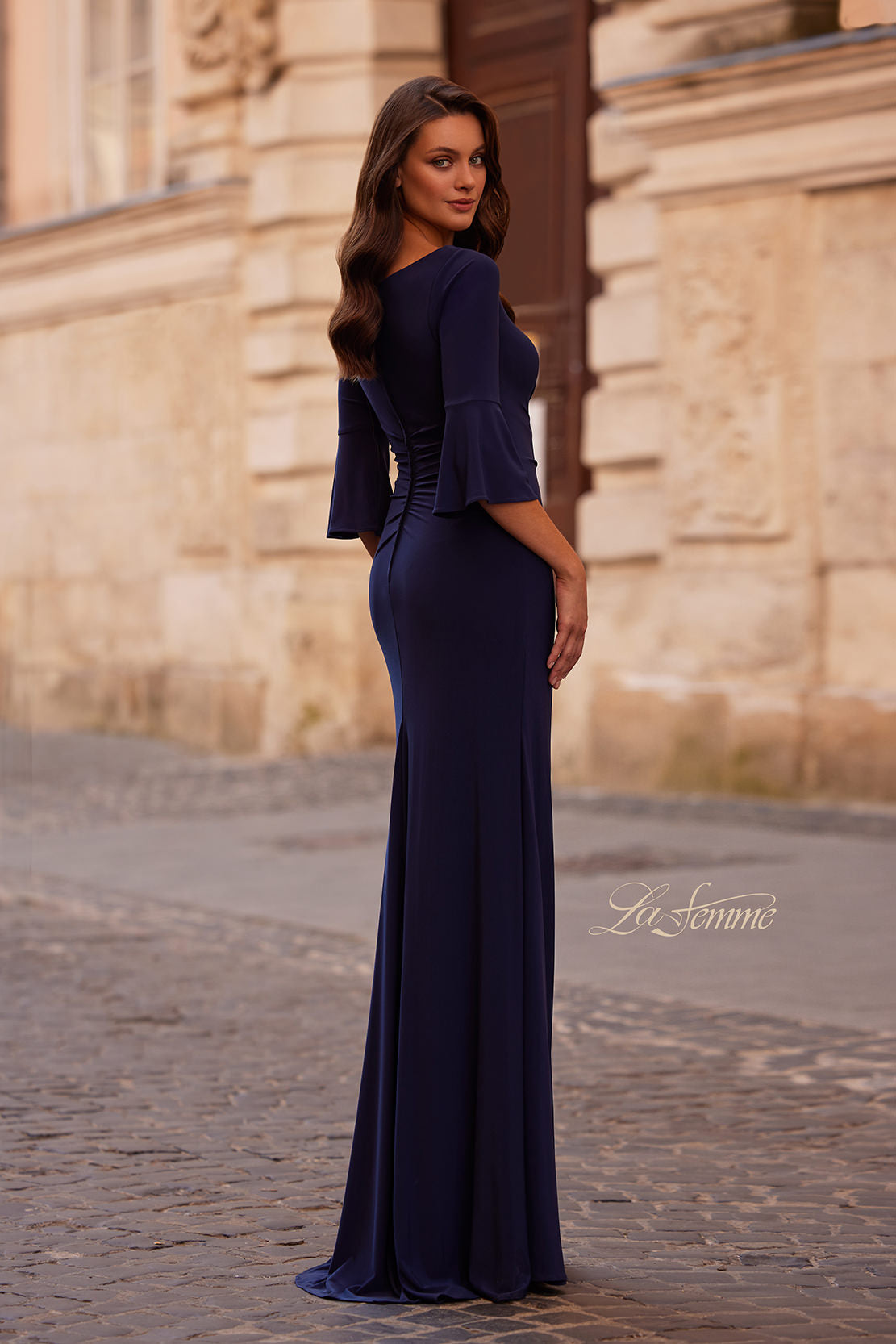 Picture of: Simple Evening Dress with Three Quarter Bell Sleeve and High Neckline in Navy, Style: 29999, Back Picture