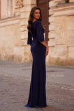 Picture of: Simple Evening Dress with Three Quarter Bell Sleeve and High Neckline in Navy, Style: 29999, Back Picture