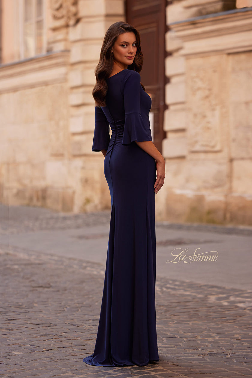 Picture of: Simple Evening Dress with Three Quarter Bell Sleeve and High Neckline in Navy, Style: 29999, Back Picture