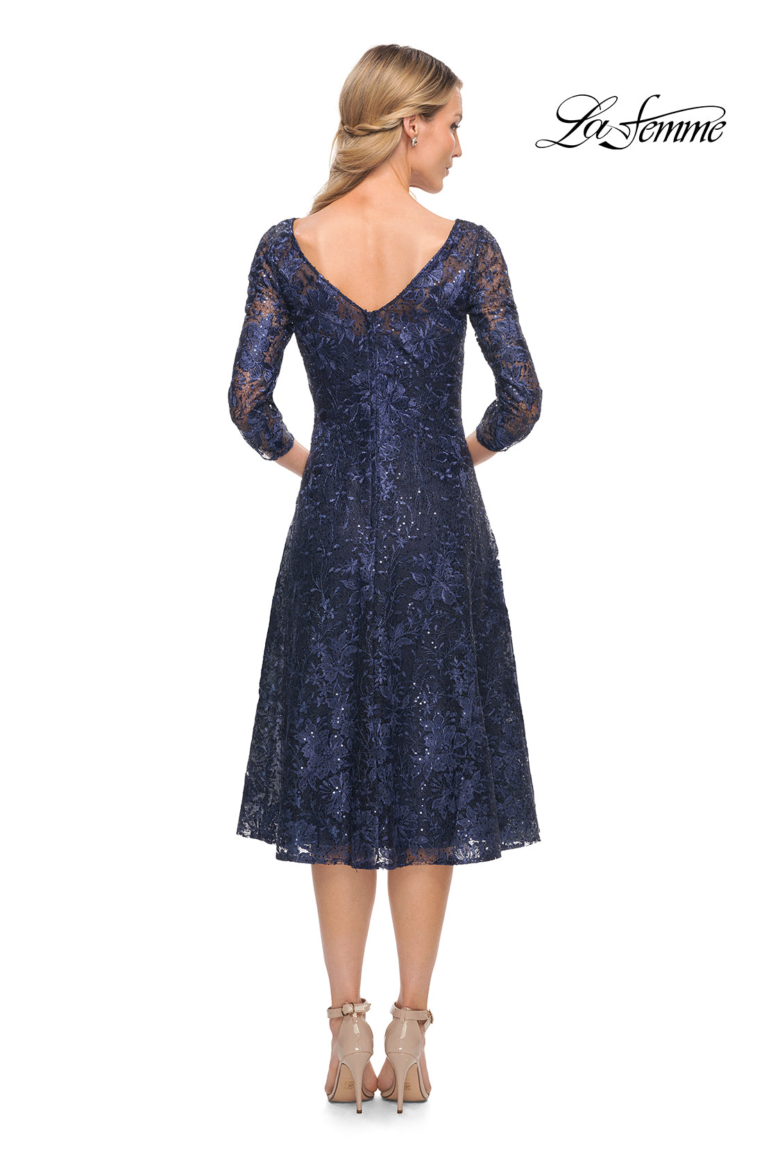 Picture of: Beautiful Lace Tea Length Gown with Three-Quarter Sleeves in Blue, Style: 30005, Back Picture