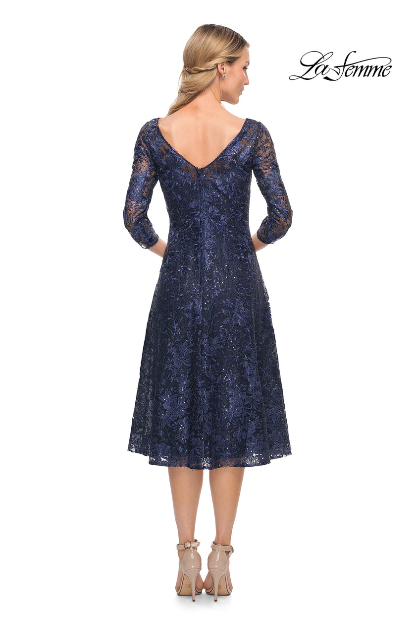 Picture of: Beautiful Lace Tea Length Gown with Three-Quarter Sleeves in Blue, Style: 30005, Back Picture