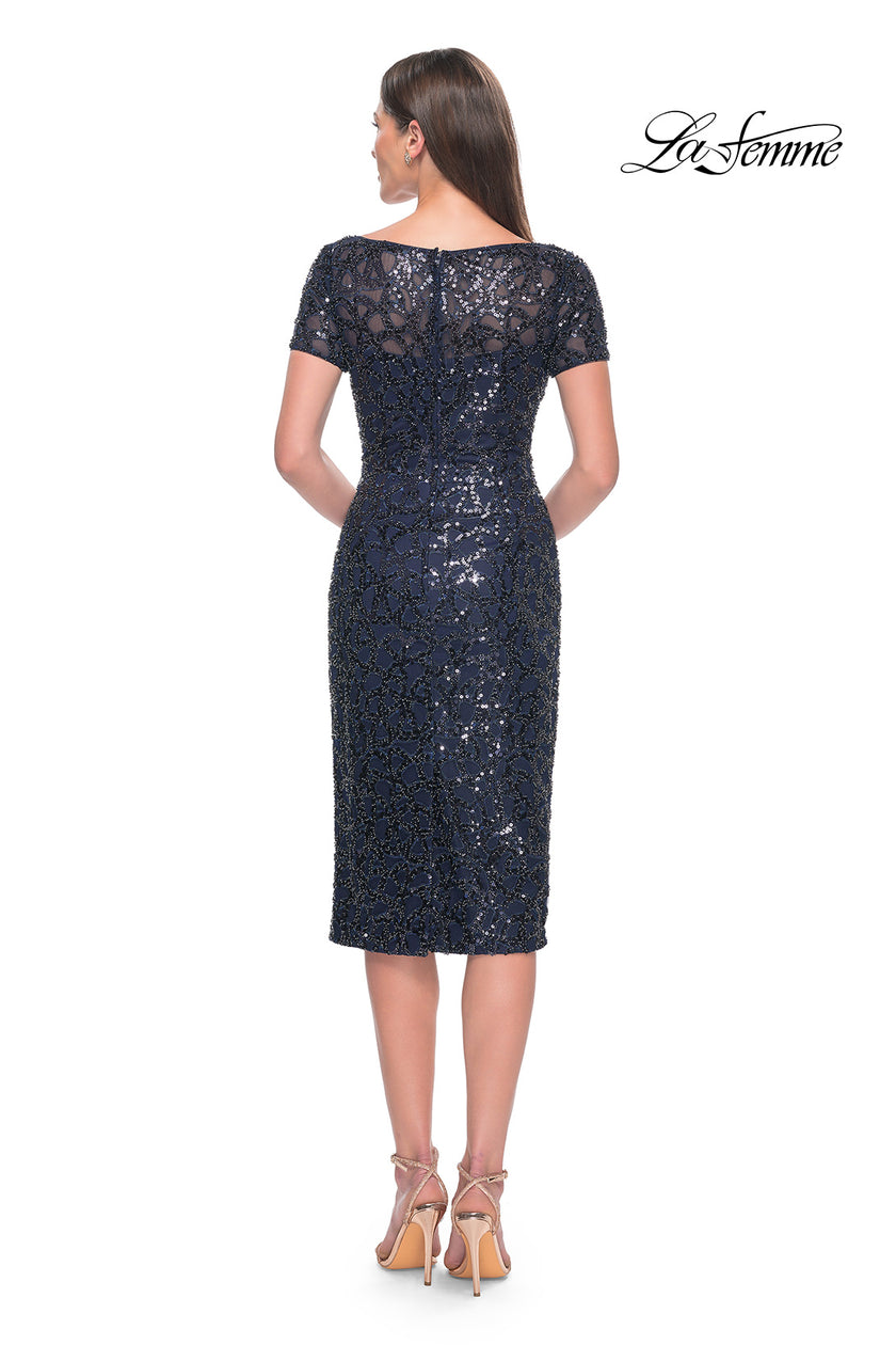 Picture of: Short Evening Dress with Intricate Beaded Sequin Design in Navy, Style: 30043, Back Picture