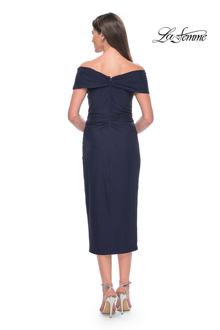 Picture of: Tea Length Fitted Jersey Ruched Off the Shoulder Dress in Navy, Style: 30109, Back Picture