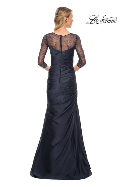 Picture of: Mermaid Satin Pleated Gown with Illusion Beaded Sleeves in Blue, Style: 30138, Back Picture
