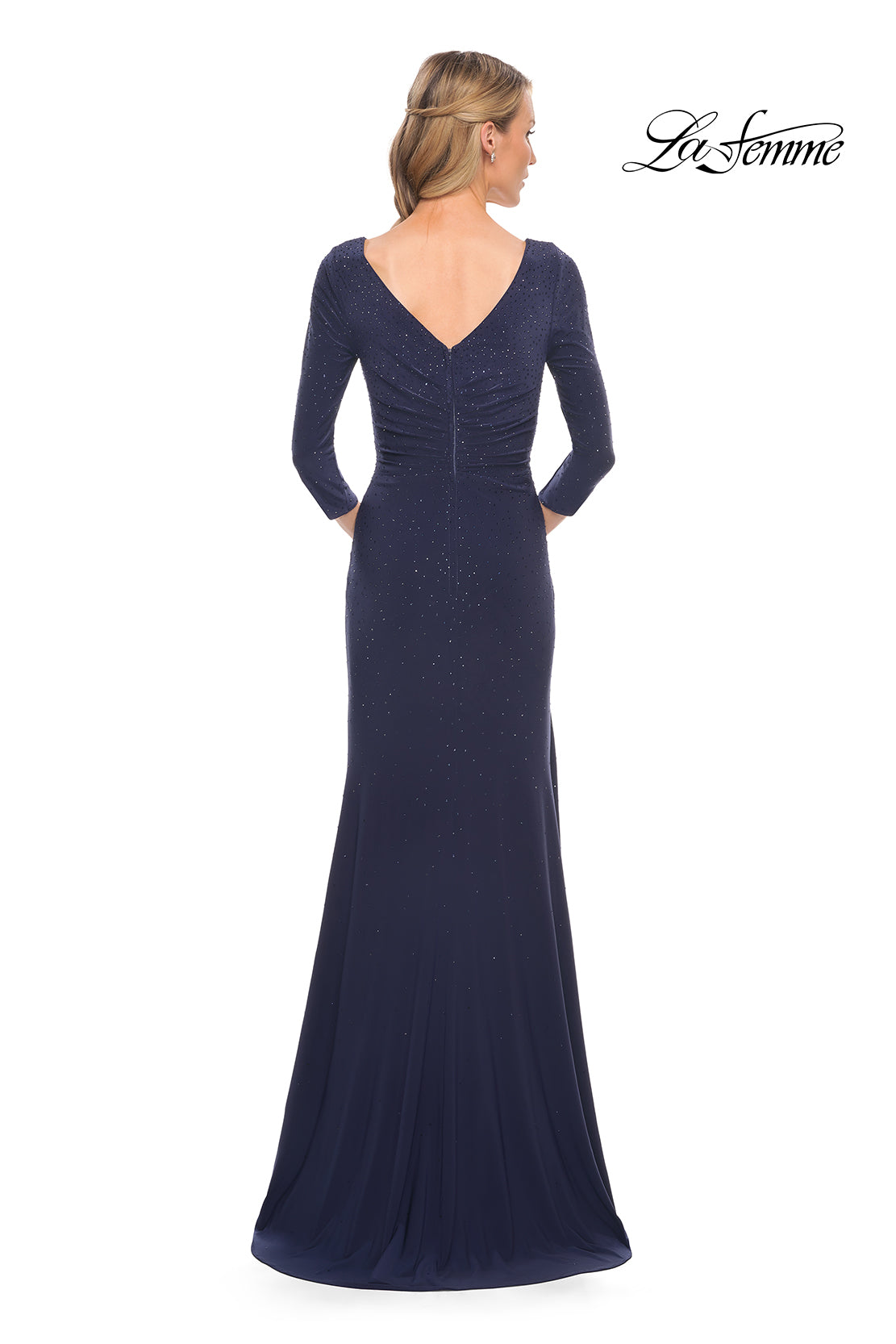 Picture of: Elegant Jersey Dress with Ruching and Ruffle Detail in Blue, Style: 30177, Back Picture