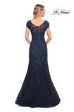Picture of: Lace and Tulle Mermaid Gown with Cap Sleeves in Blue, Style: 30269, Back Picture