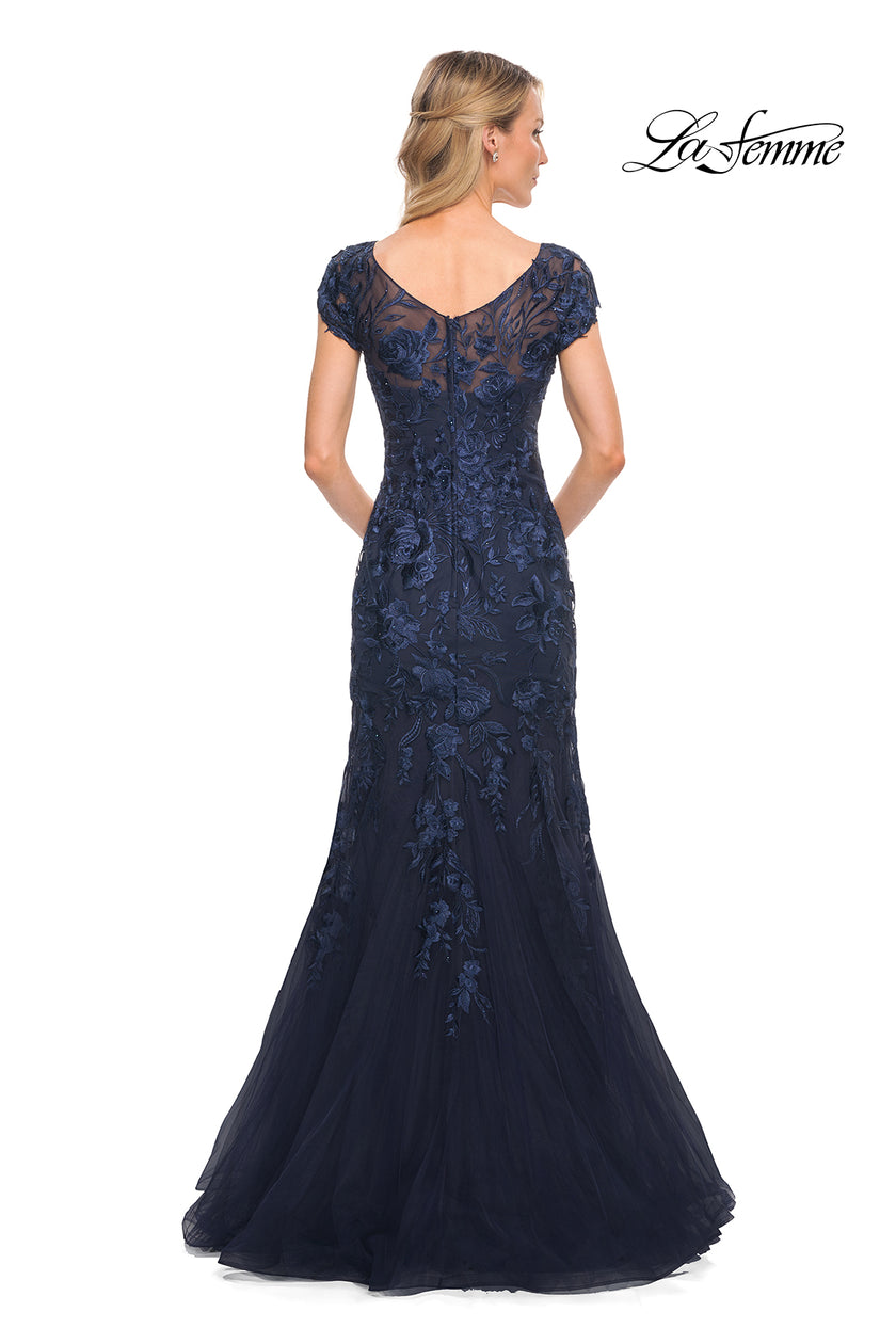 Picture of: Lace and Tulle Mermaid Gown with Cap Sleeves in Blue, Style: 30269, Back Picture