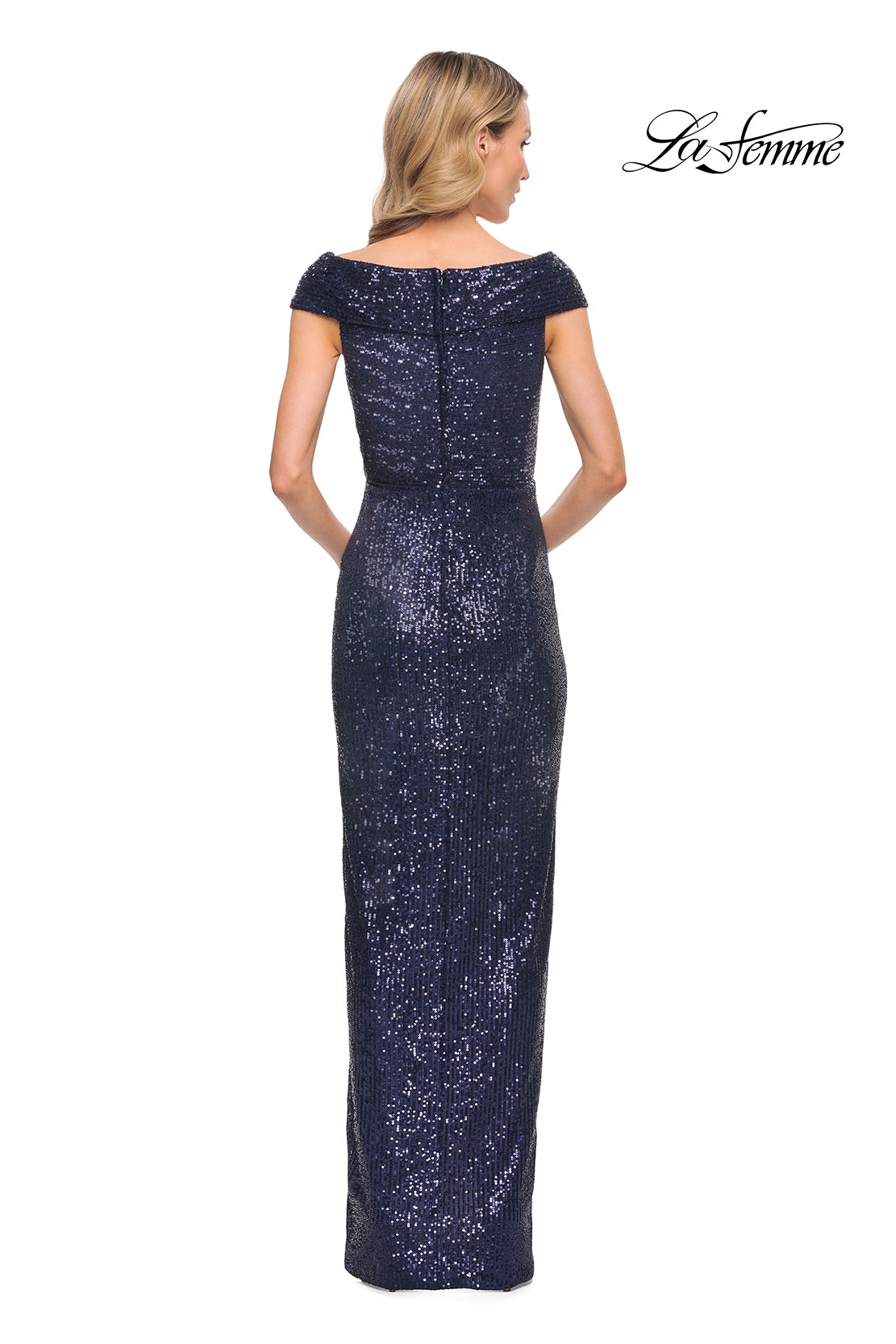 Picture of: Sequin Long Evening Dress with Ruching and V Neck in Blue, Style: 30326, Back Picture