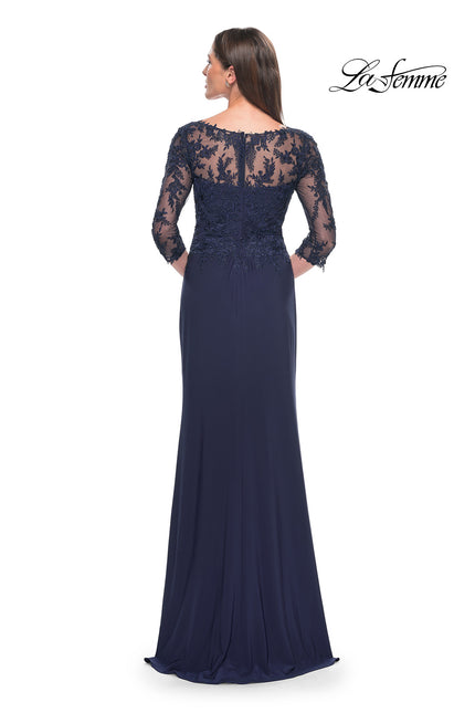 Picture of: Long Evening Gown with Lace Illusion Sleeves and Neckline in Navy, Style: 30385, Back Picture