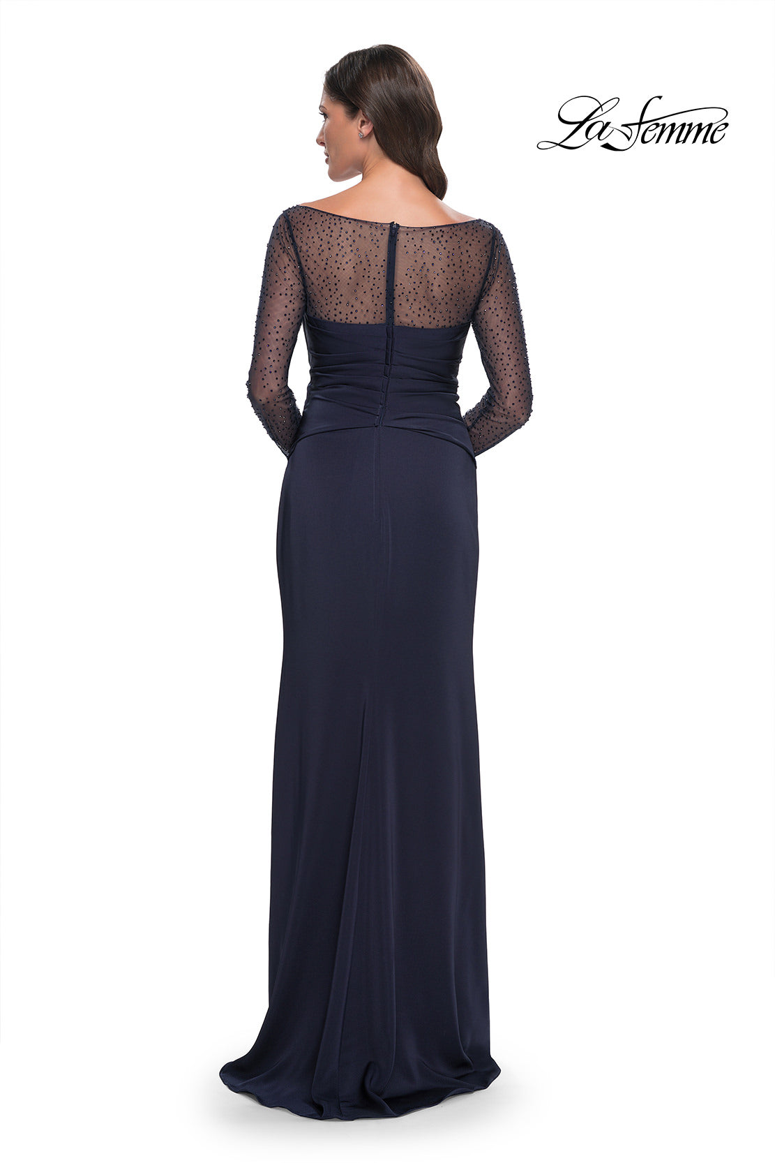 Picture of: Sleek Long Evening Dress with Ruching and Illusion Top in Navy, Style: 30808, Back Picture