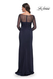 Picture of: Sleek Long Evening Dress with Ruching and Illusion Top in Navy, Style: 30808, Back Picture