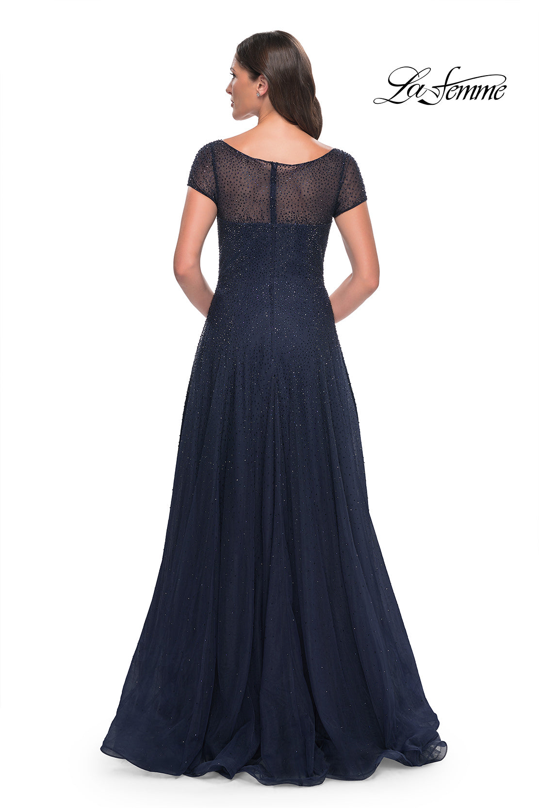 Picture of: Beaded A-Line Dress with Illusion Neckline and Sleeves in Navy, Style: 30852, Back Picture