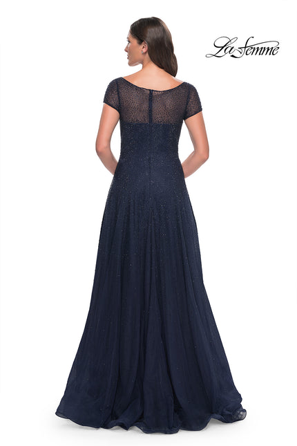 Picture of: Beaded A-Line Dress with Illusion Neckline and Sleeves in Navy, Style: 30852, Back Picture