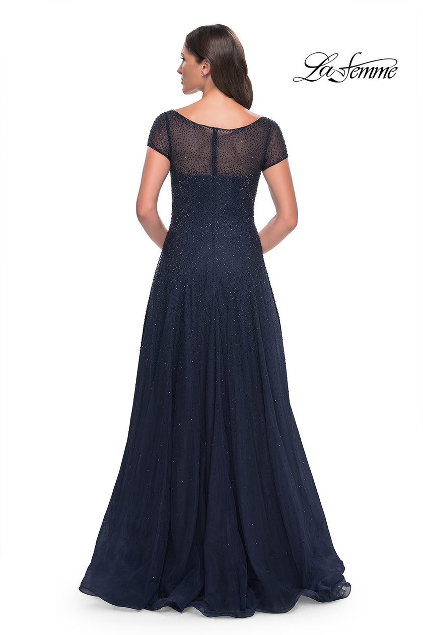 Picture of: Beaded A-Line Dress with Illusion Neckline and Sleeves in Navy, Style: 30852, Back Picture