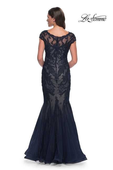 Picture of: Mermaid Lace Dress with Cap Sleeves and Illusion Neckline in Navy, Style: 30876, Back Picture