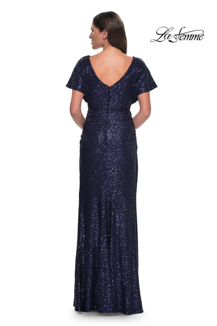 Picture of: Sequin Stretch Evening Dress with High Neckline and Dolman Sleeves in Navy, Style: 30885, Back Picture