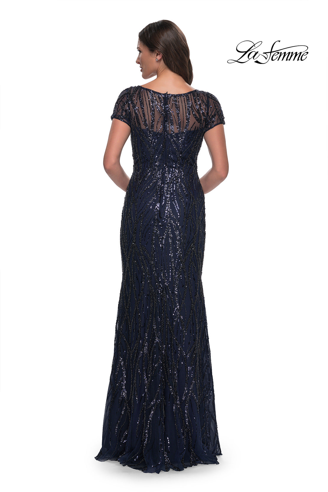 Picture of: Beaded Print Fitted Evening Dress with Illusion Neckline in Navy, Style: 31005, Back Picture