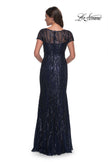 Picture of: Beaded Print Fitted Evening Dress with Illusion Neckline in Navy, Style: 31005, Back Picture