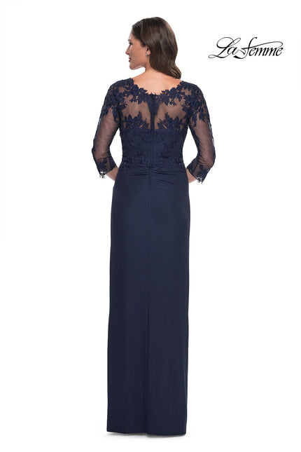 Picture of: Long Jersey Evening Dress with Lace Detail Neckline and Sleeves in Navy, Style: 31093, Back Picture