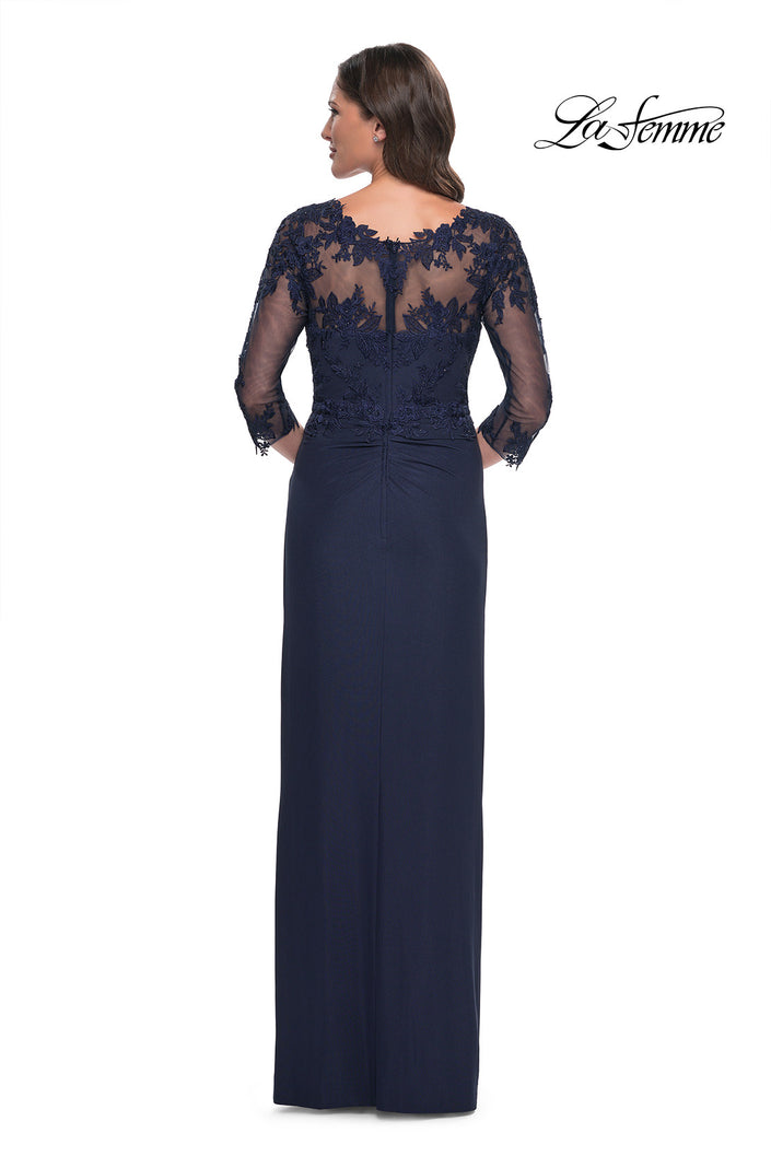 Picture of: Long Jersey Evening Dress with Lace Detail Neckline and Sleeves in Navy, Style: 31093, Back Picture