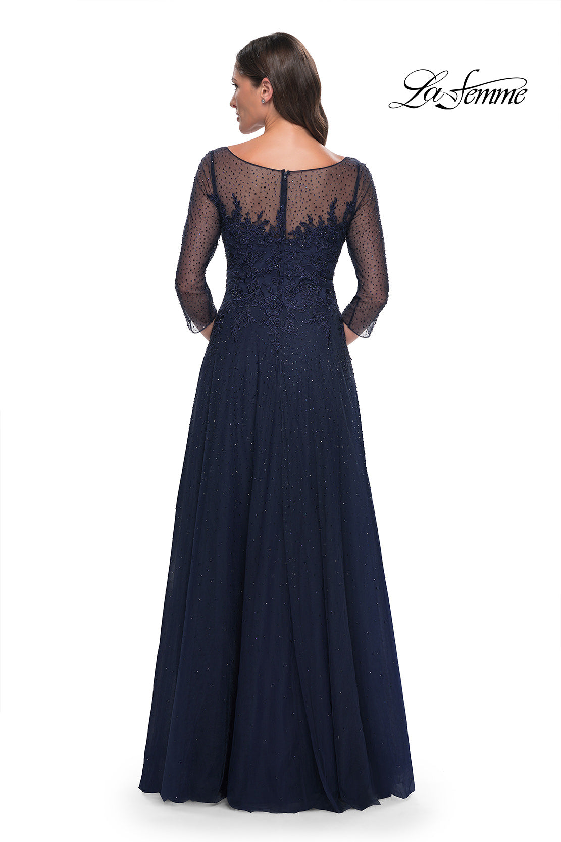 Picture of: Rhinestone Embellished A-Line Tulle and Lace Evening Dress in Navy, Style: 31235, Back Picture