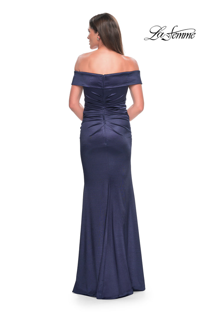 Picture of: Off the Shoulder Stretch Satin Evening Dress in Navy, Style: 31621, Back Picture