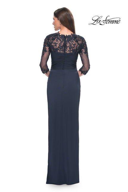 Picture of: Long Jersey Evening Dress with Lace Sleeves in Navy, Style: 31659, Back Picture