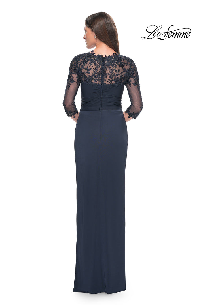 Picture of: Long Jersey Evening Dress with Lace Sleeves in Navy, Style: 31659, Back Picture