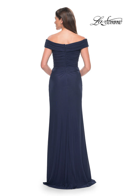Picture of: Off the Shoulder Jersey Evening Gown with Ruching in Navy, Style: 31677, Back Picture