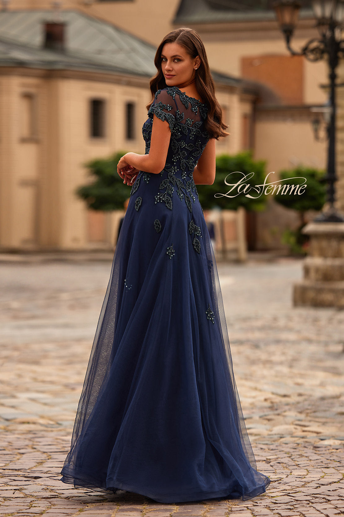 Picture of: Gorgeous Gown with Beaded Lace Applique in Navy, Style: 31692, Back Picture