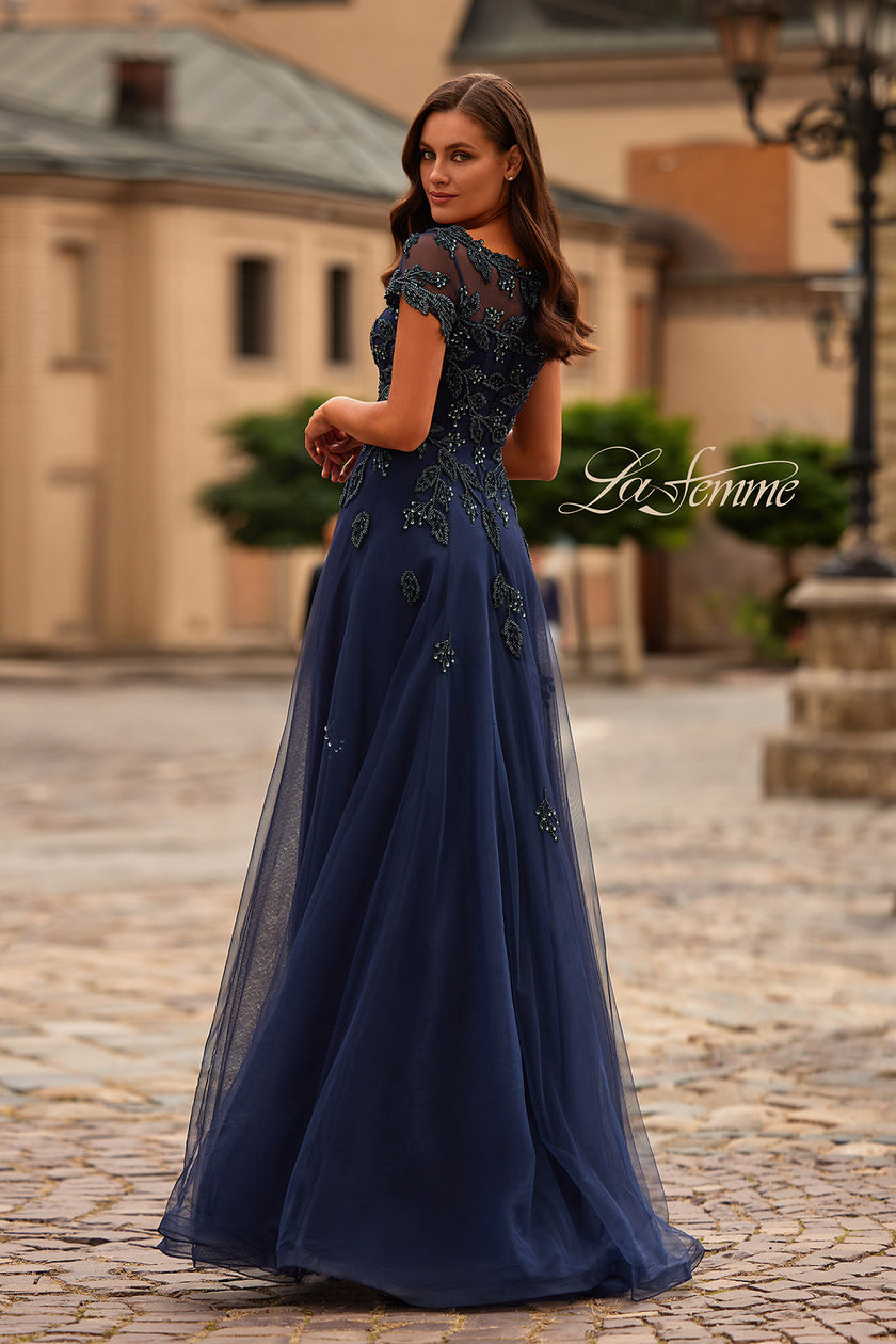 Picture of: Gorgeous Gown with Beaded Lace Applique in Navy, Style: 31692, Back Picture