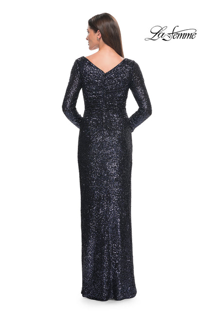Picture of: Long Sleeve Sequin Evening Dress with Ruching in Navy, Style: 31698, Back Picture