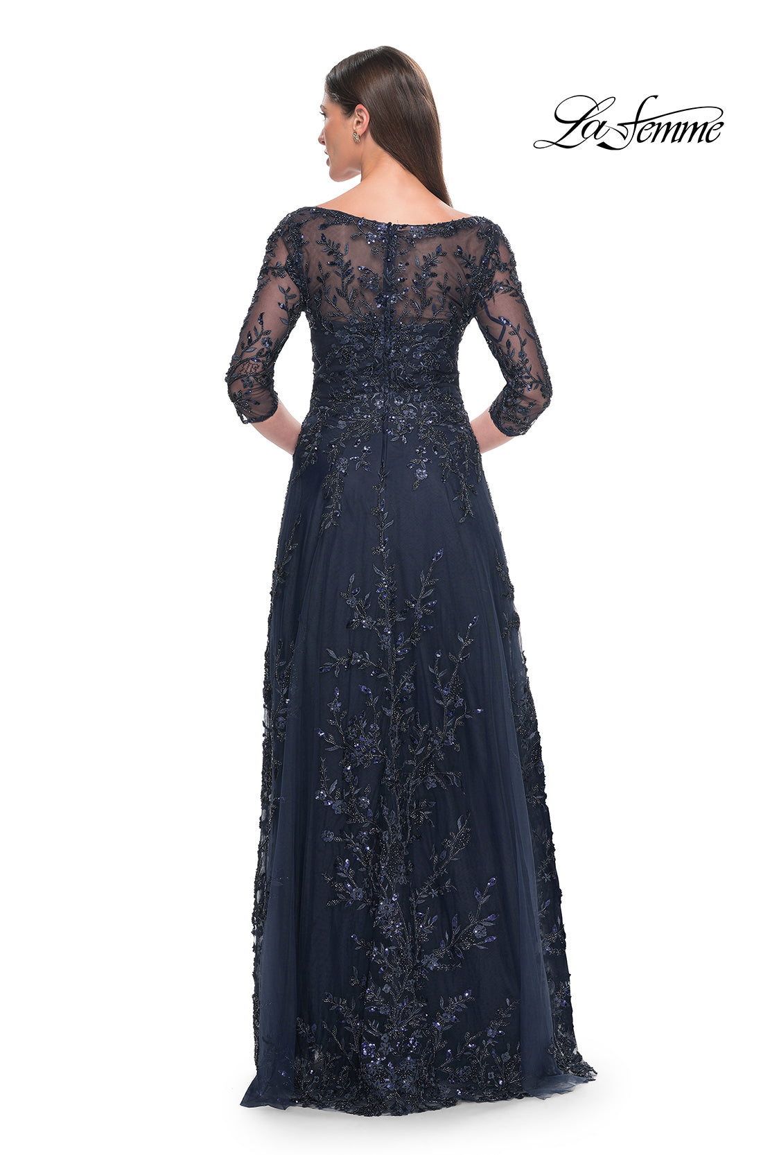 Picture of: Stunning Evening Gown with Lace Beaded Design in Navy, Style: 31719, Back Picture