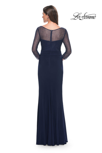 Picture of: Evening Gown with Illusion Rhinestone Sleeves in Navy, Style: 31777, Back Picture