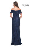 Picture of: Off the Shoulder Ruched Beaded Lace Evening Gown in Navy, Style: 31778, Back Picture