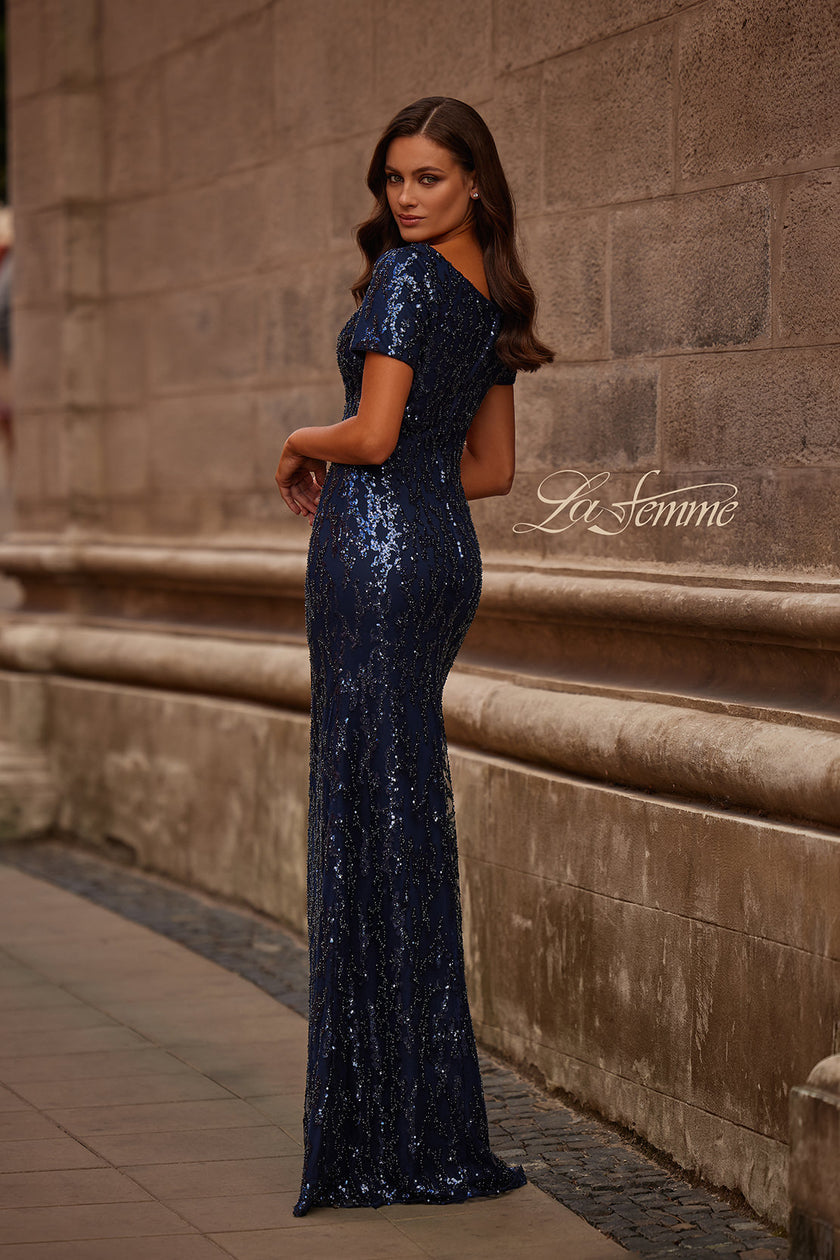 Picture of: Empire Waist Evening Dress with Print Sequin Design in Navy, Style: 31787, Back Picture